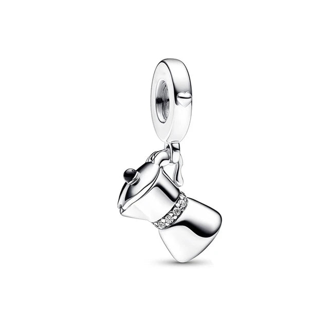 Hot Coffee Pot Cup Zircon Original 925 Sterling Silver Charm